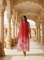 Pink & Red Ombre Rose Print Cotton Dress with Pleated Yoke & Shirt Collar