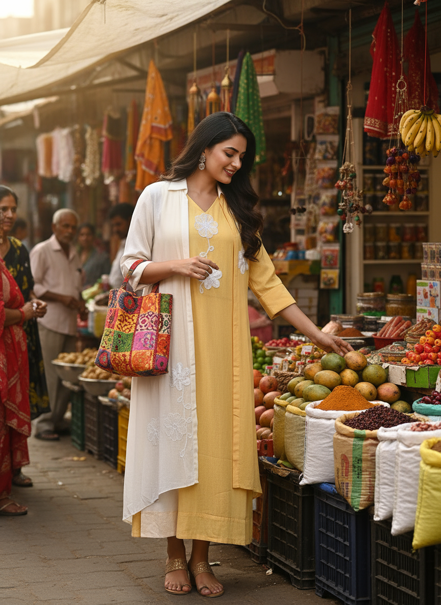 Mustard Cotton Dress with White Embroidered Overlay