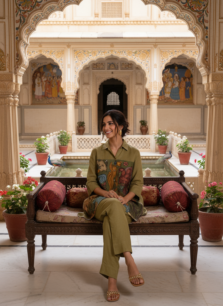 Olive Green Artisanal Folk Art Kurta Set With Pants