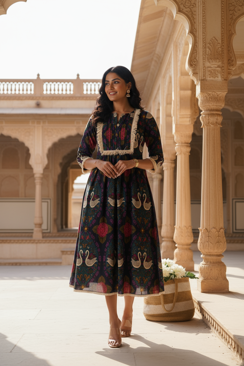 Swan Printed Cotton Dress With Ruffled Lace.