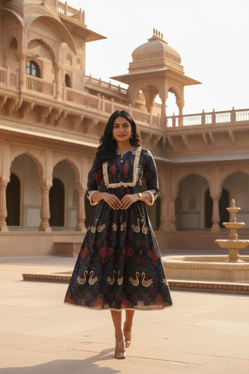 Swan Printed Cotton Dress With Ruffled Lace.