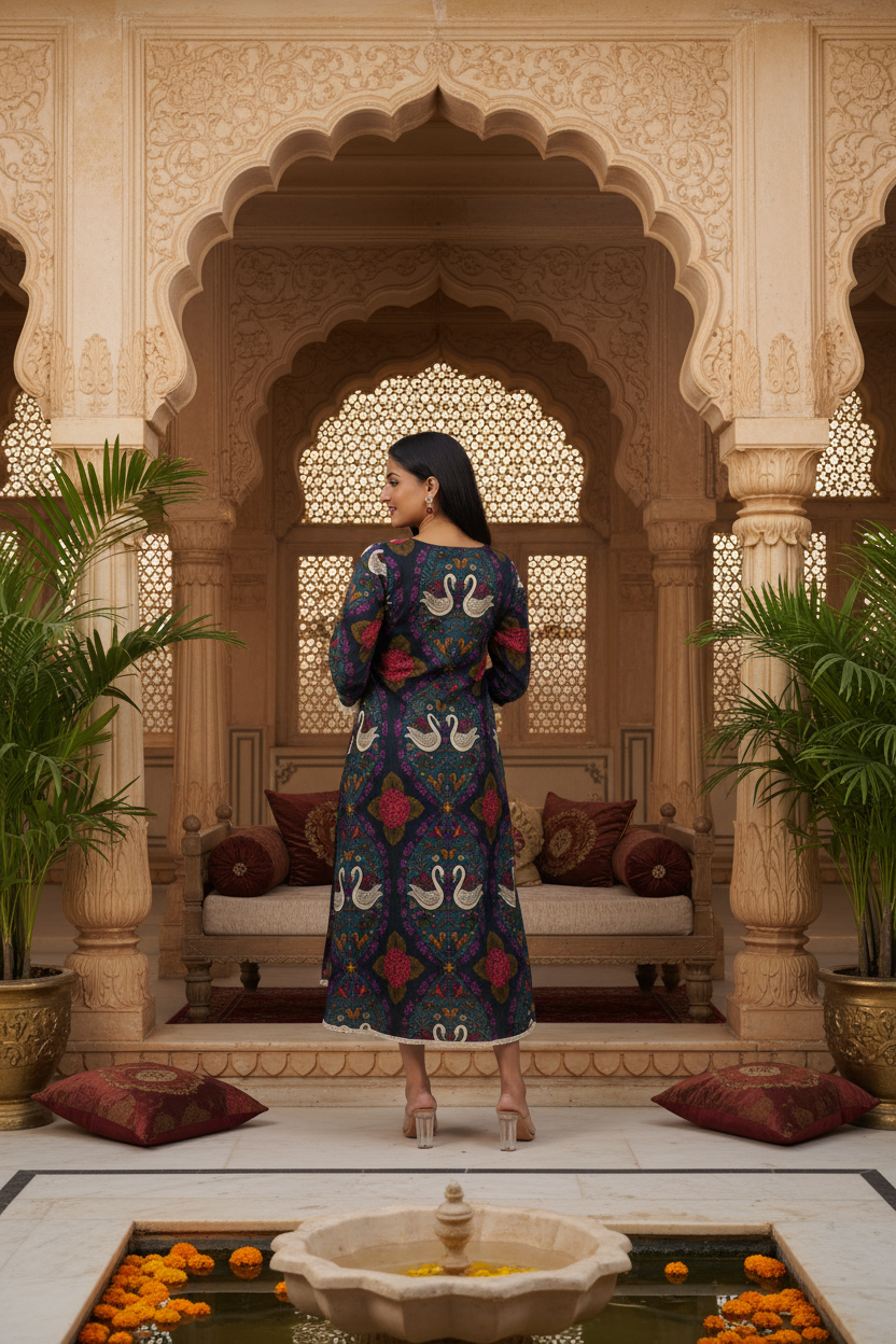 Swan Printed Cotton Dress With Ruffled Lace.