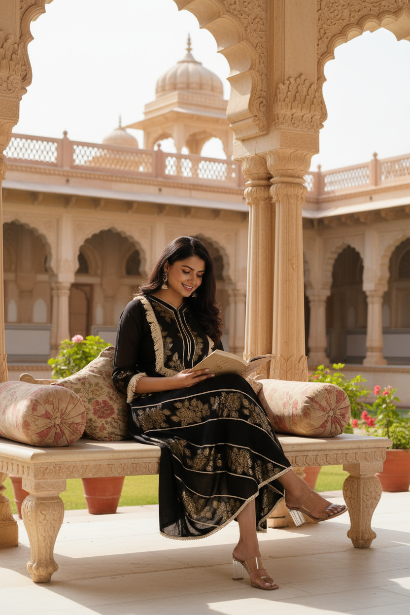 Black Cotton Dress With Silver Patti Appliqué.