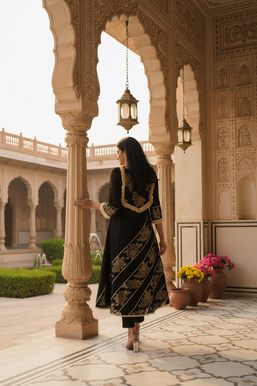 Black Cotton Dress With Silver Patti Appliqué.