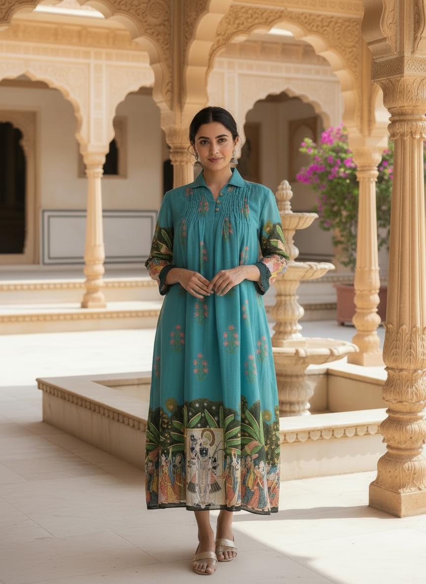 Teal cotton collared printed dress with pintuck detailing