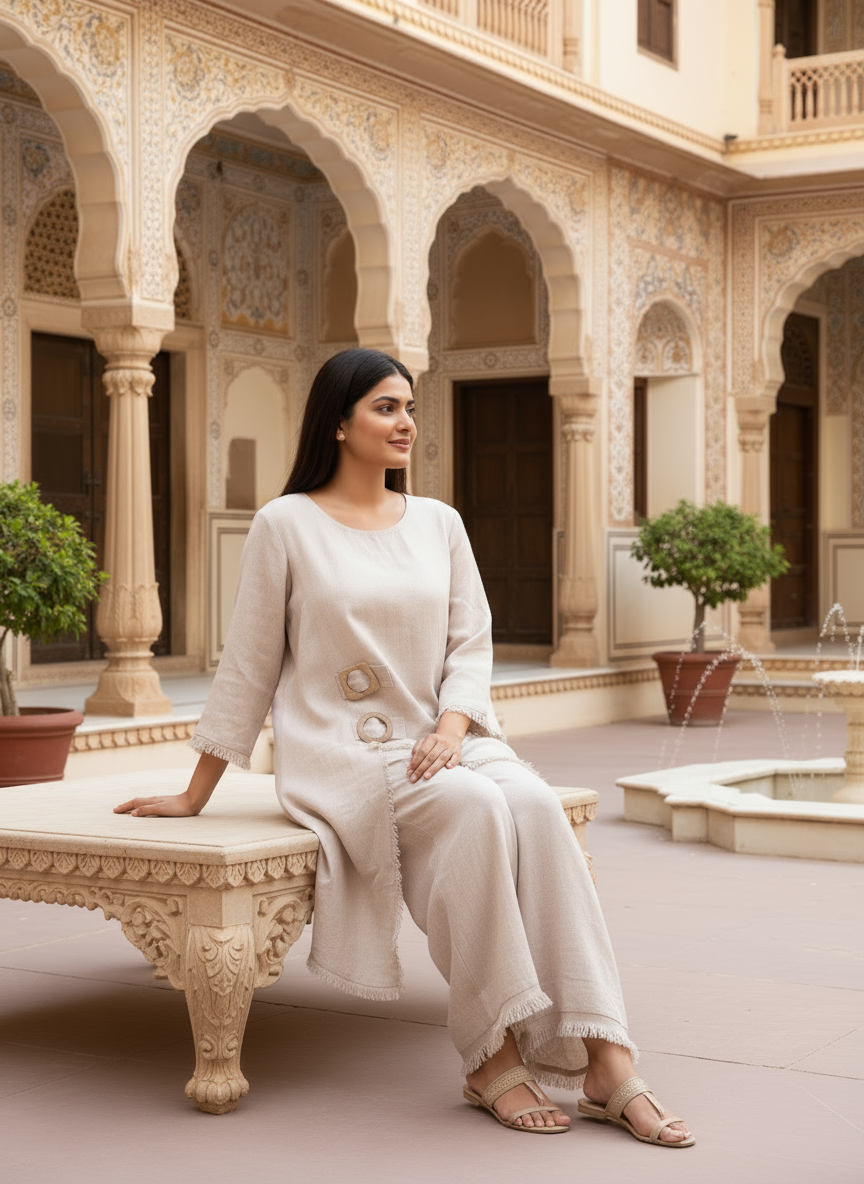 Pure linen beige co-ord set with frayed edges and wooden buckle accents.