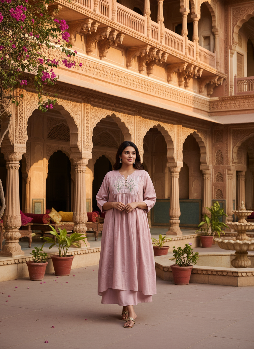 Lilac Organza Dress With Yoke Embroidery
