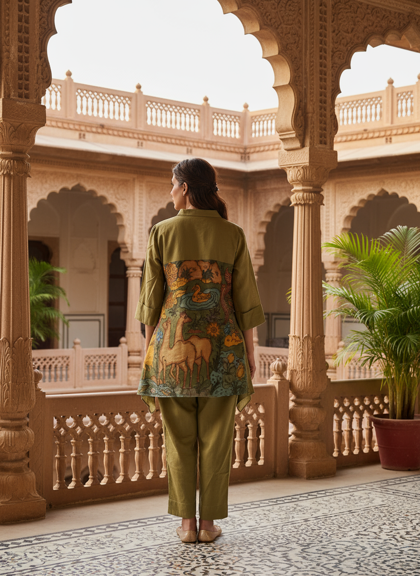 Olive Green Artisanal Folk Art Kurta Set With Pants