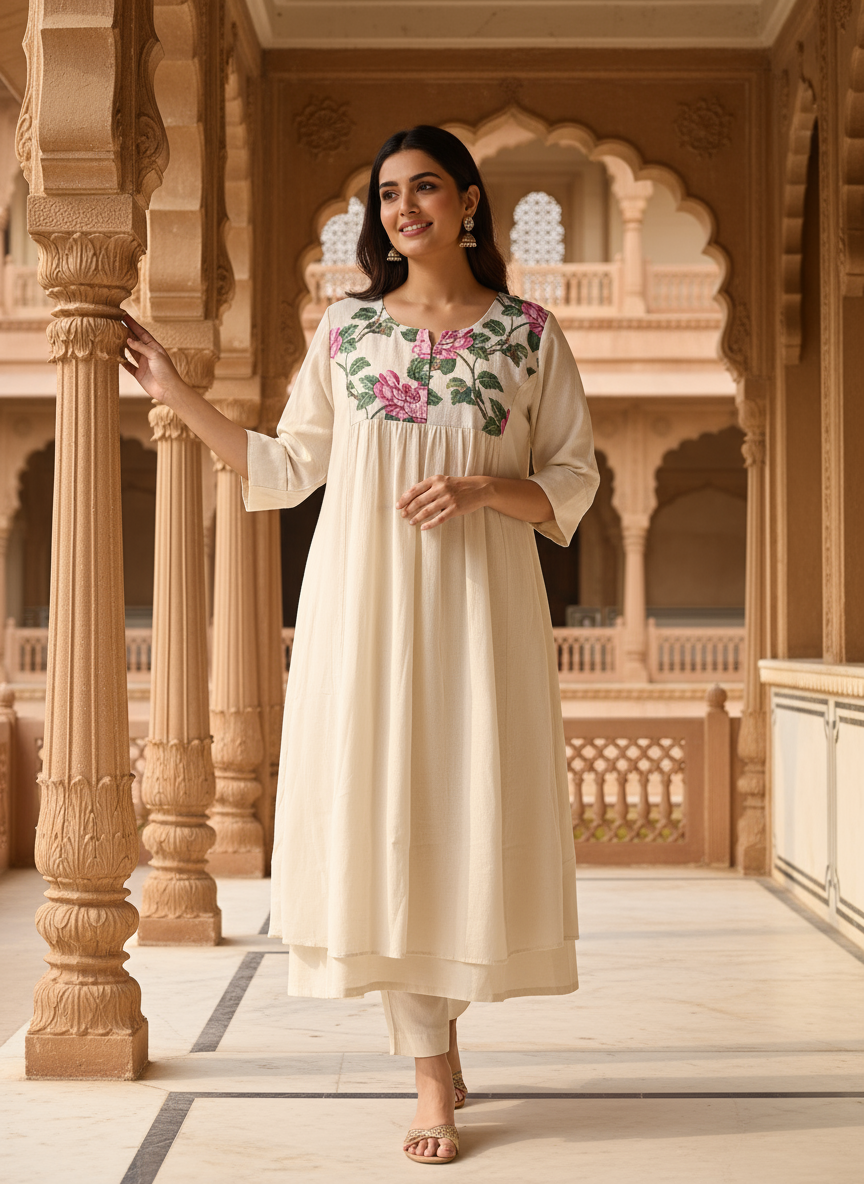 Ivory Kurti with Floral Embroidered Yoke