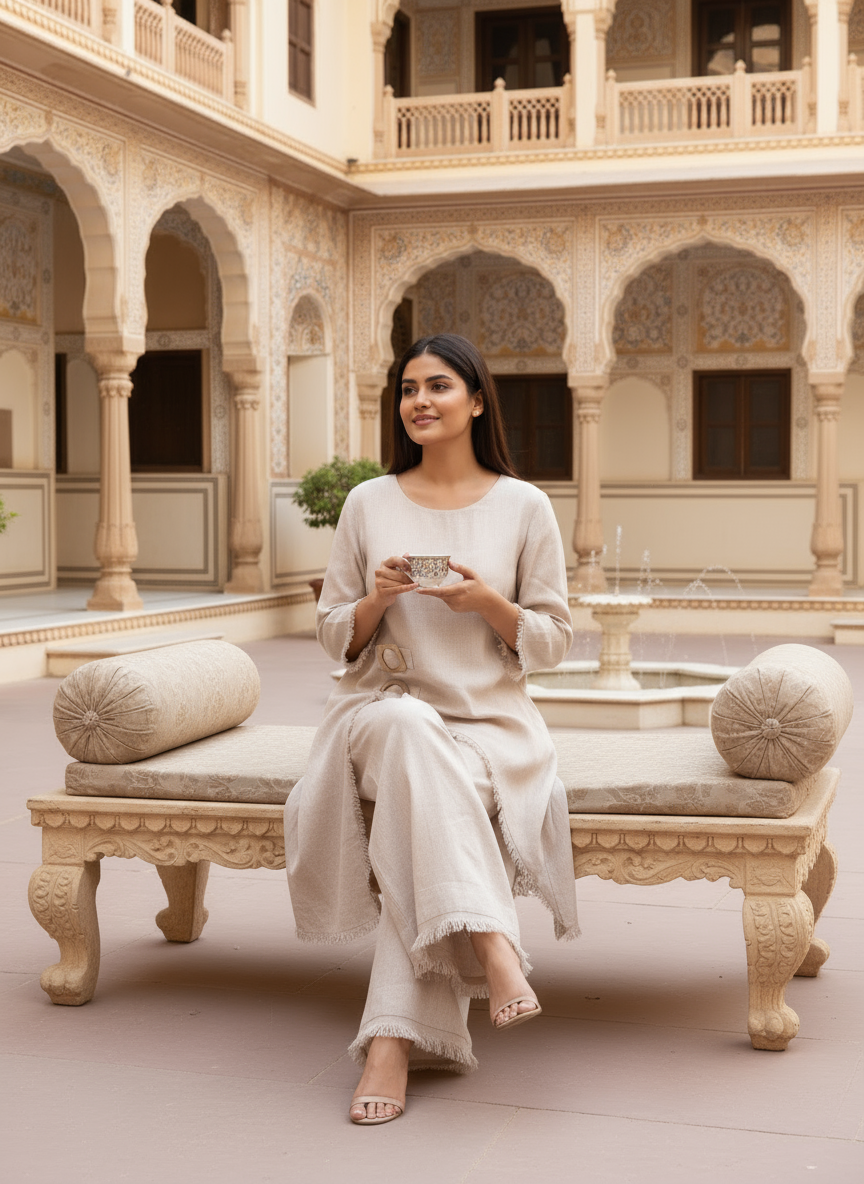 Pure linen beige co-ord set with frayed edges and wooden buckle accents.