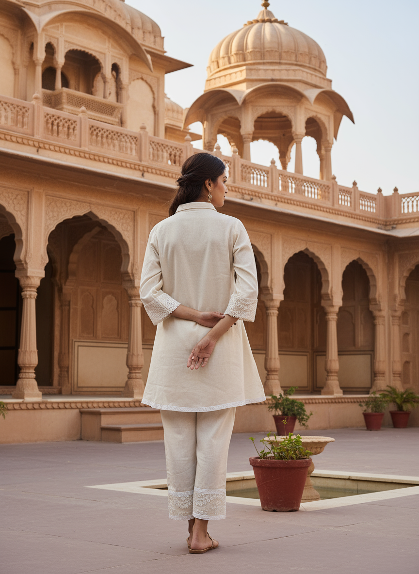 Off-White Cotton Co-ord set with thread and sequence work.