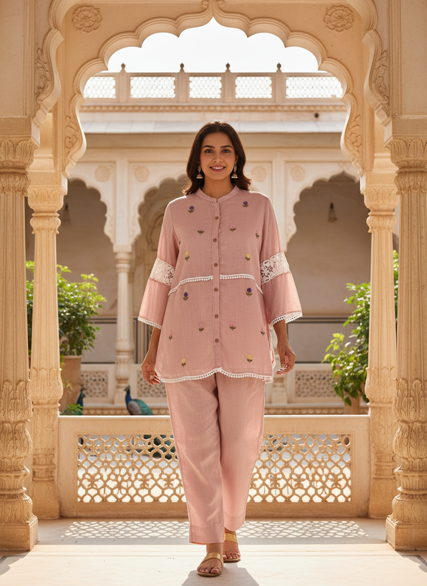 Pink Floral Embroidered Kurta Set With Pants