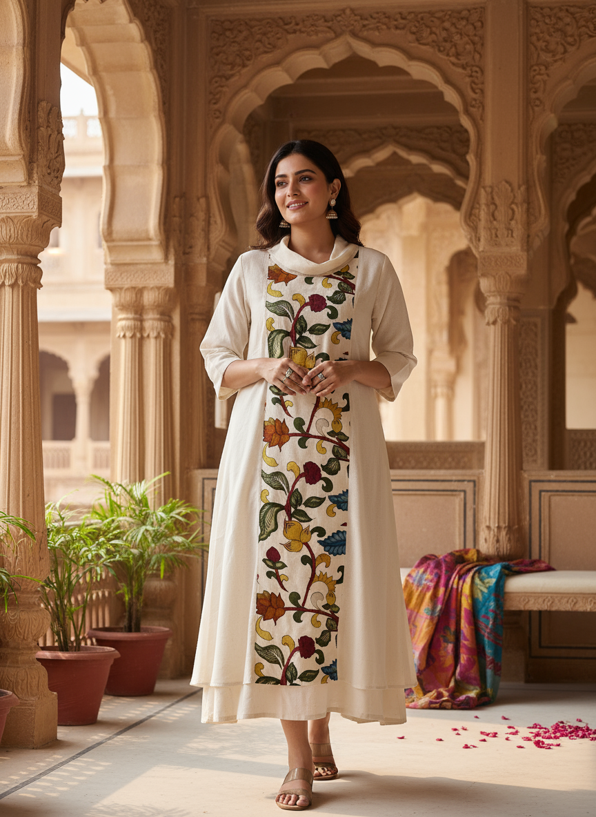 Ivory Kurti with Cowl Neck and Front Panel