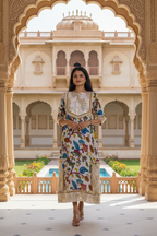 Kalamkari Print Dress With Silver Patti Appliqué.