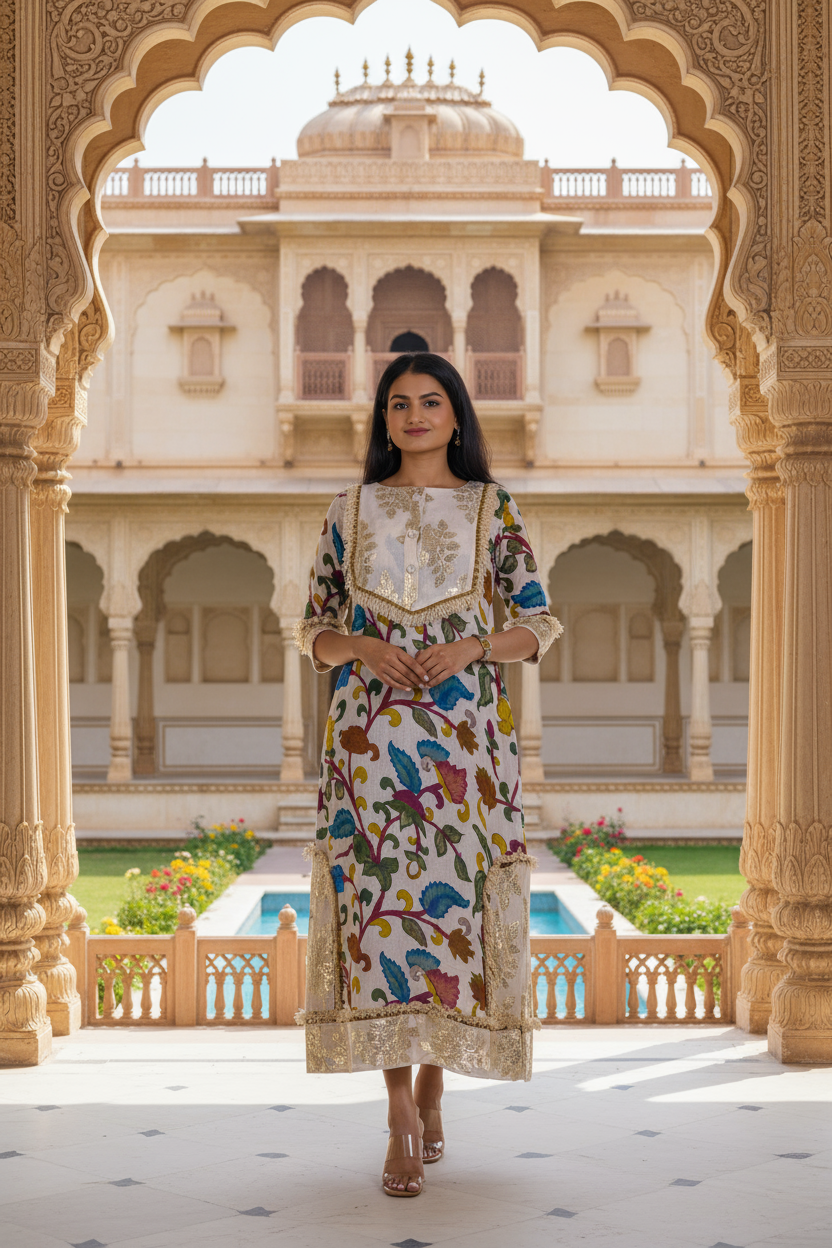 Kalamkari Print Dress With Silver Patti Appliqué.