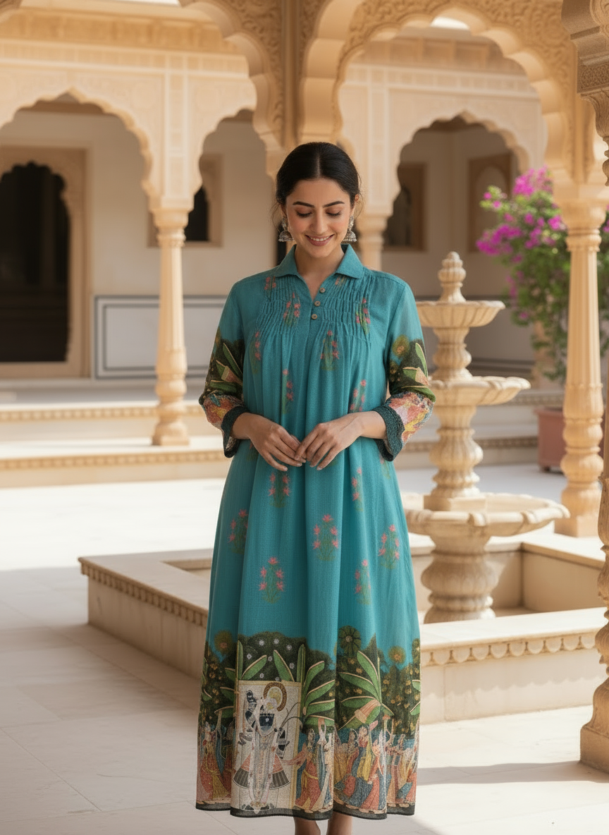 Teal cotton collared printed dress with pintuck detailing