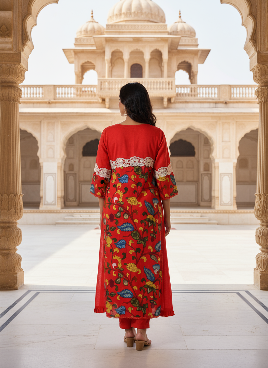 Red Artful A-line Kurti