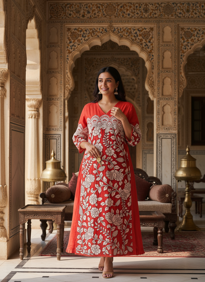 Red Scarlet Blossom Kurti