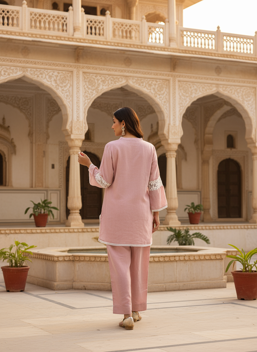Pink Floral Embroidered Kurta Set With Pants