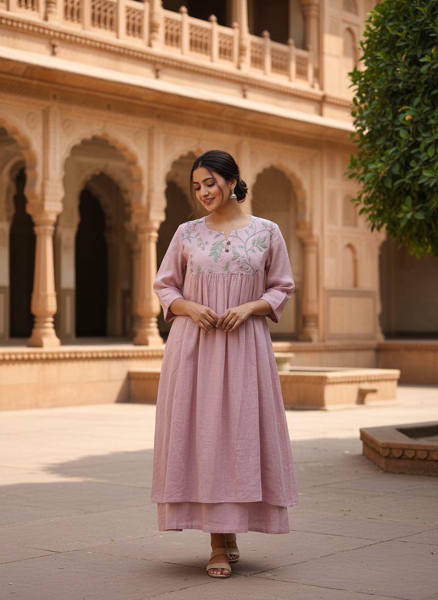 Lilac Organza Dress With Yoke Embroidery
