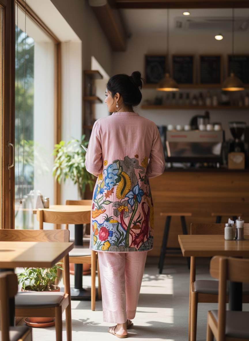 Pastel Pink Folk Art Kurti Set