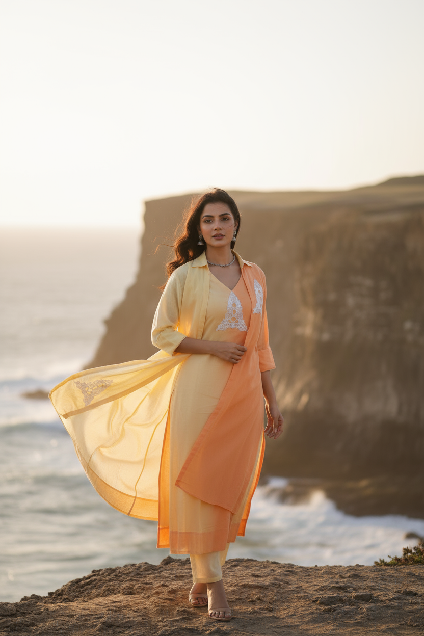 Layered Cotton Kurti with Delicate Lace Accents