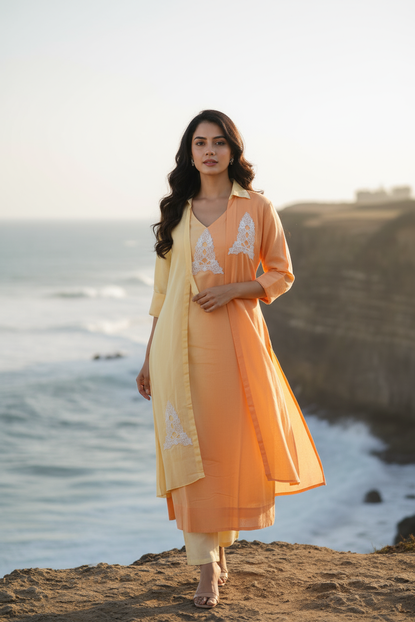 Layered Cotton Kurti with Delicate Lace Accents