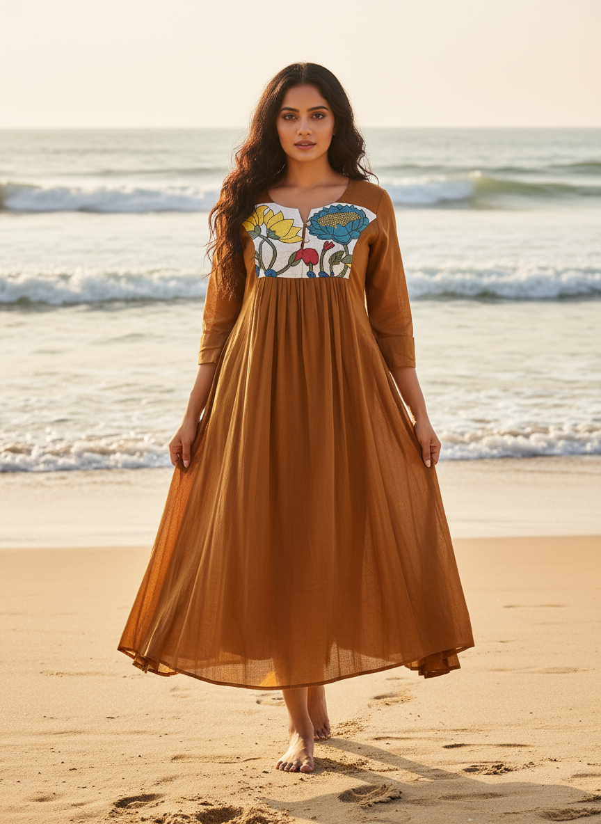 Cotton Dress with Hand-Painted Kalamkari Yoke