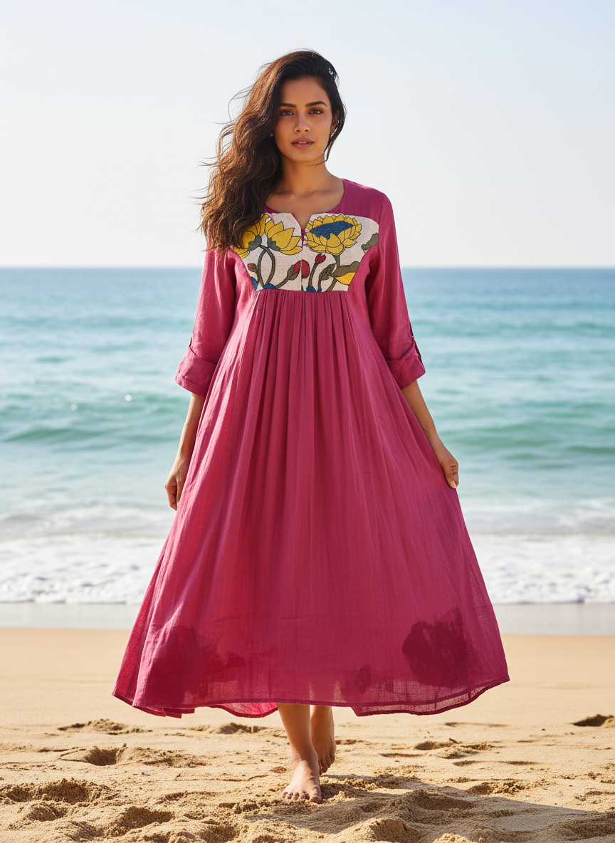 Cotton Dress with Hand-Painted Kalamkari Yoke
