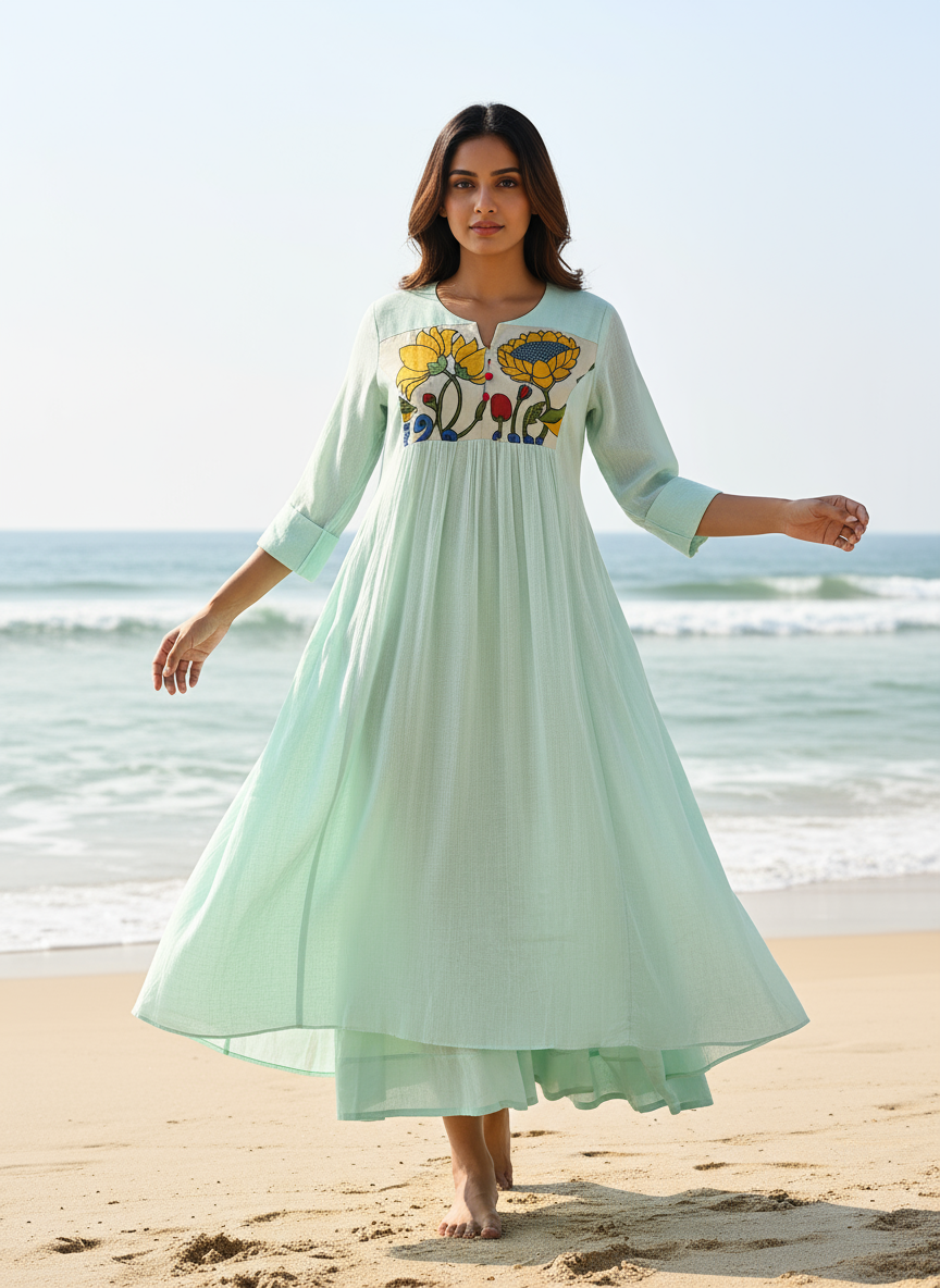 Cotton Dress with Hand-Painted Kalamkari Yoke