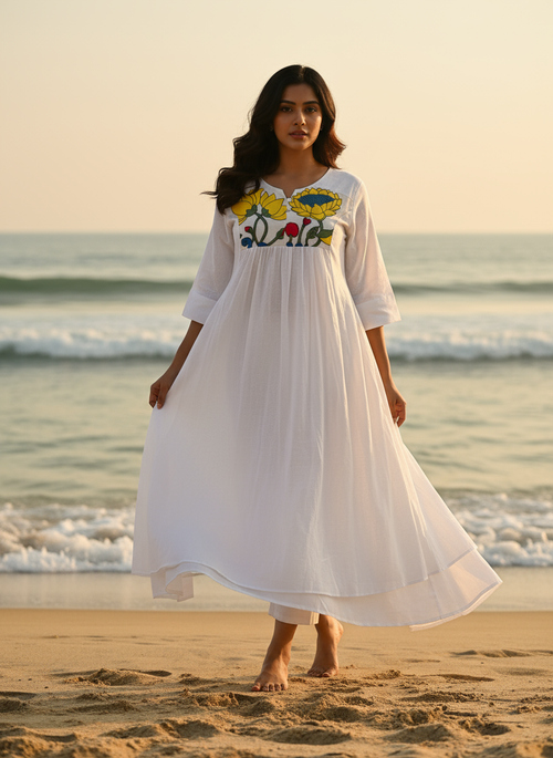 Cotton Dress with Hand-Painted Kalamkari Yoke