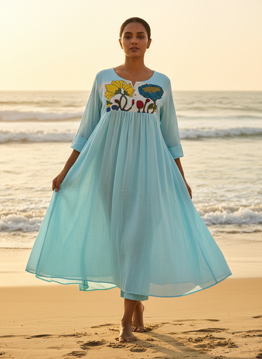 Cotton Dress with Hand-Painted Kalamkari Yoke