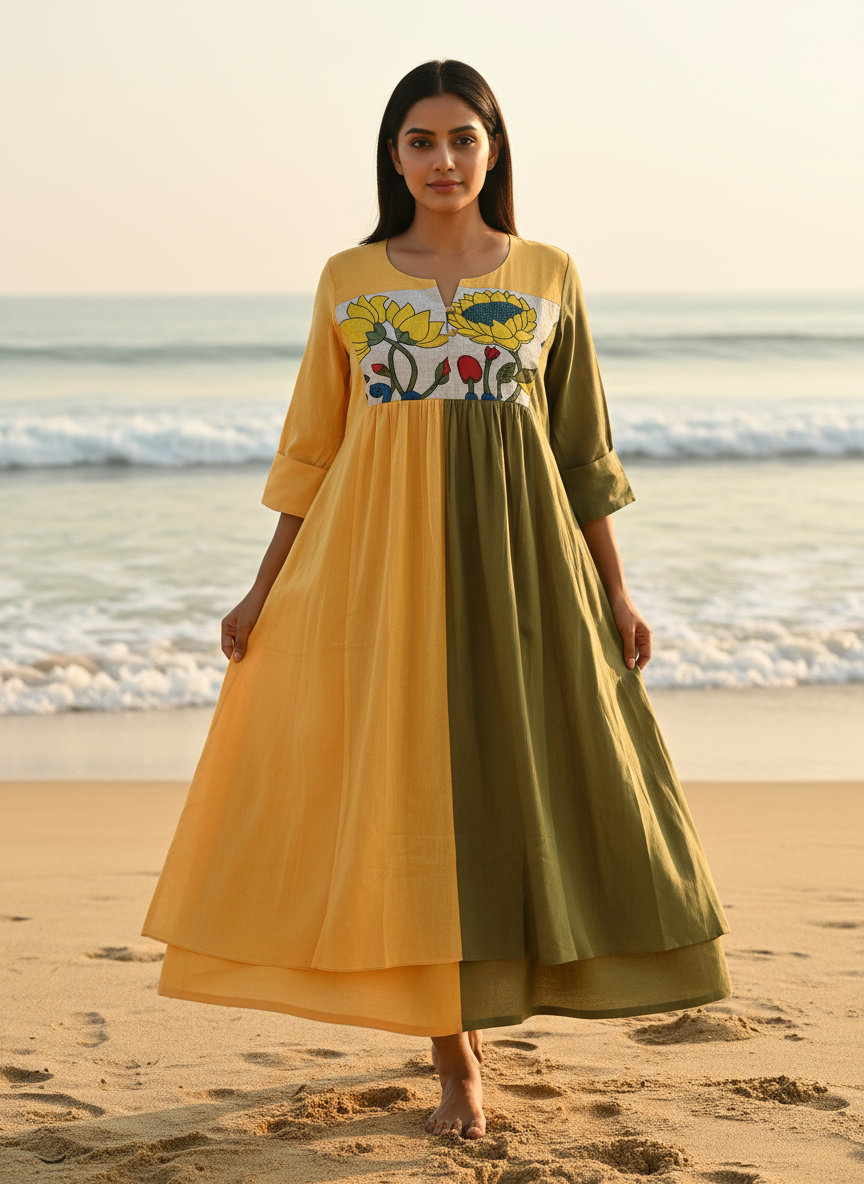Ombré Cotton Dress with Hand-Painted Kalamkari Yoke