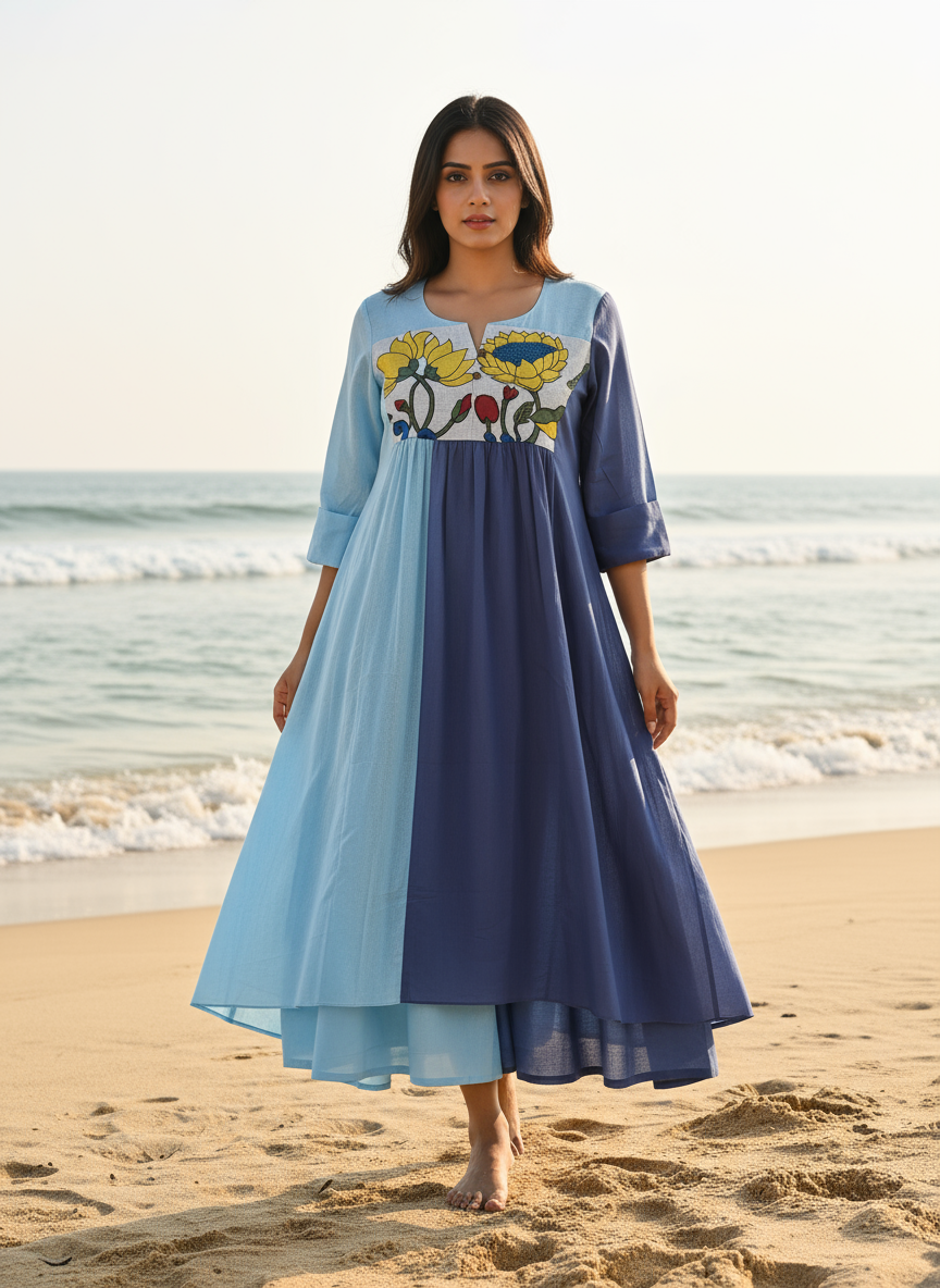 Ombré Cotton Dress with Hand-Painted Kalamkari Yoke