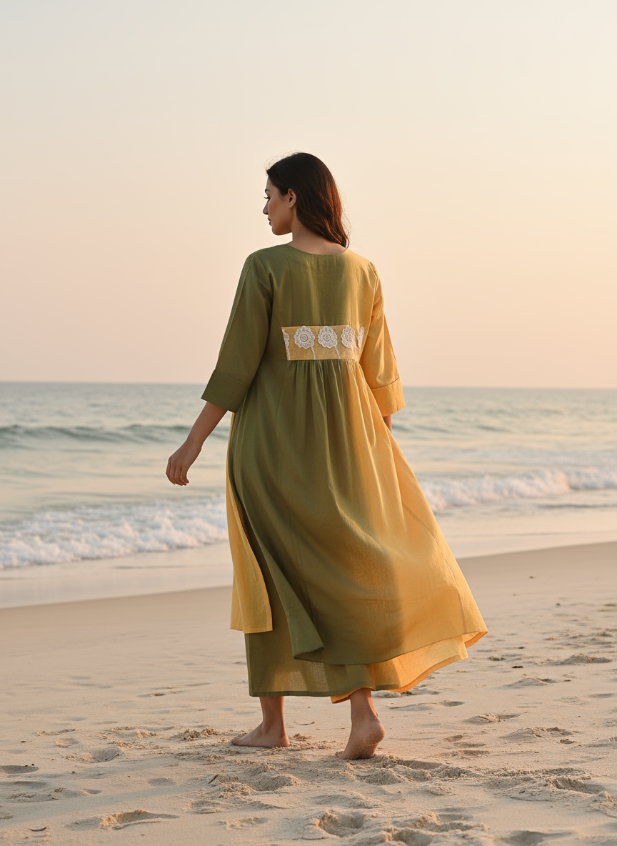 Ombré Cotton Dress with Hand-Painted Kalamkari Yoke