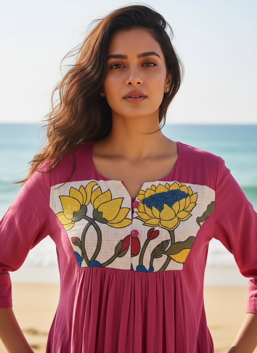 Cotton Dress with Hand-Painted Kalamkari Yoke