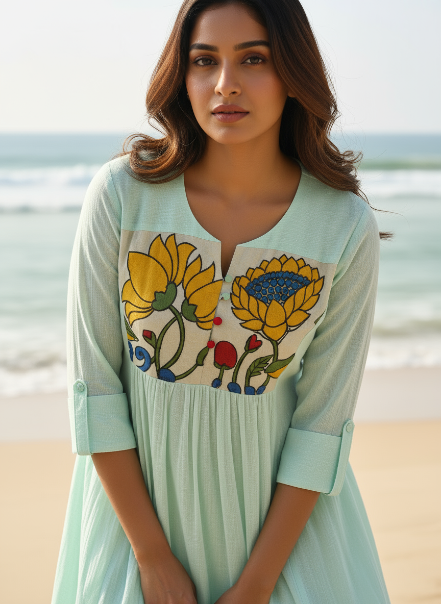 Cotton Dress with Hand-Painted Kalamkari Yoke