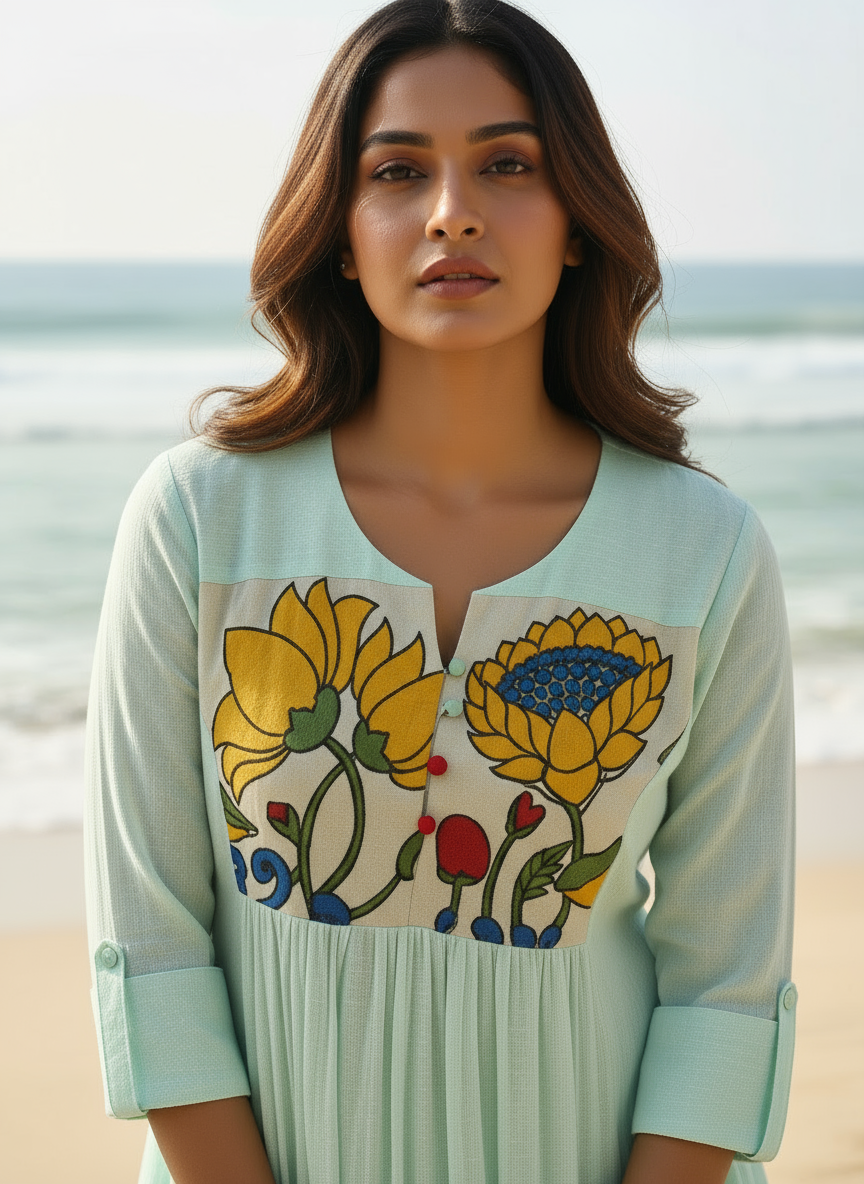 Cotton Dress with Hand-Painted Kalamkari Yoke