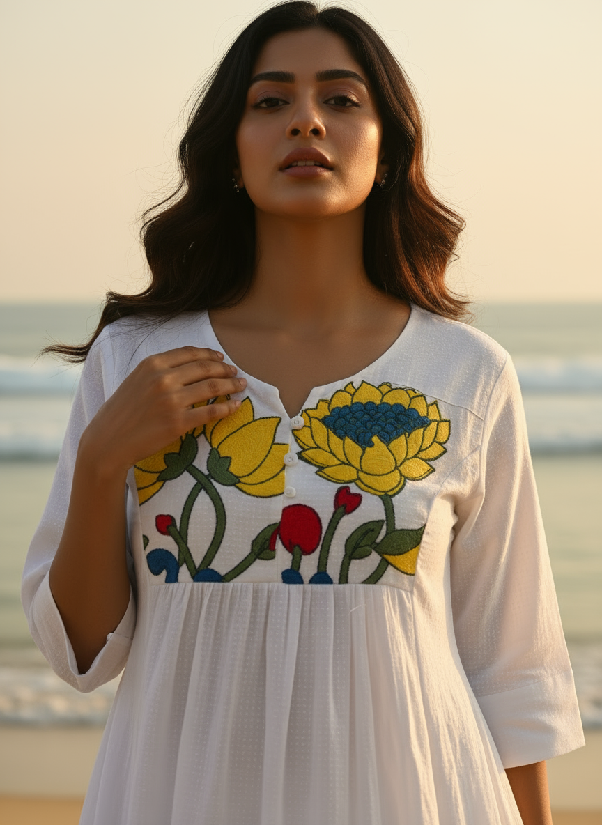 Cotton Dress with Hand-Painted Kalamkari Yoke