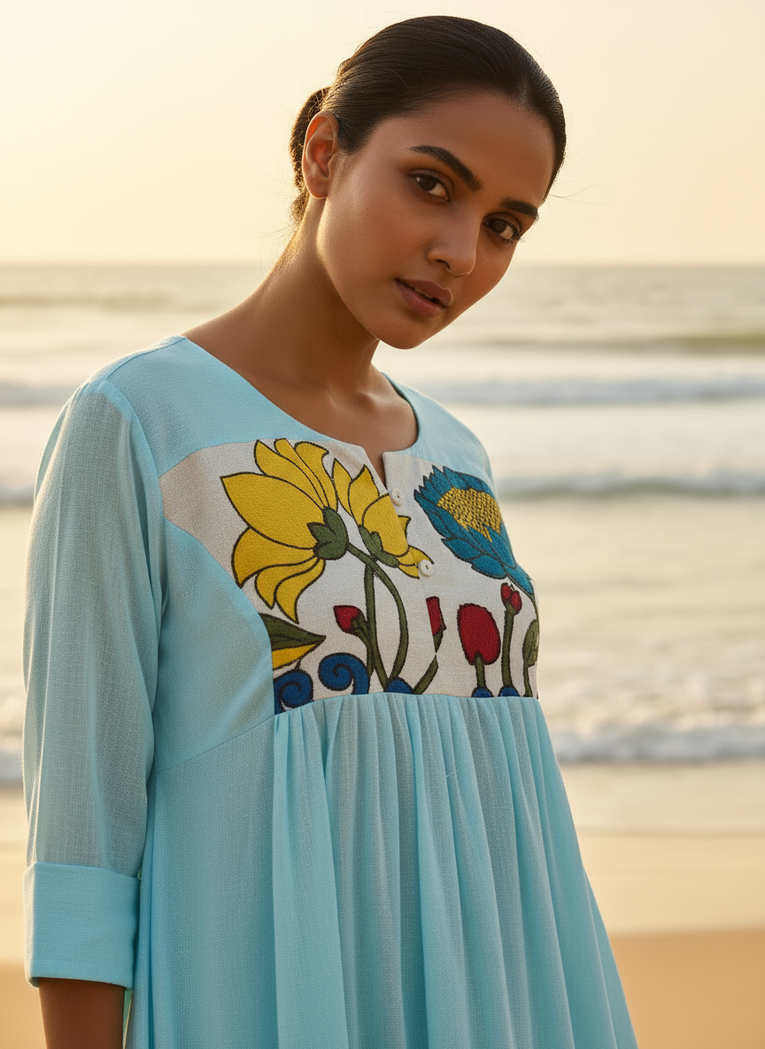 Cotton Dress with Hand-Painted Kalamkari Yoke