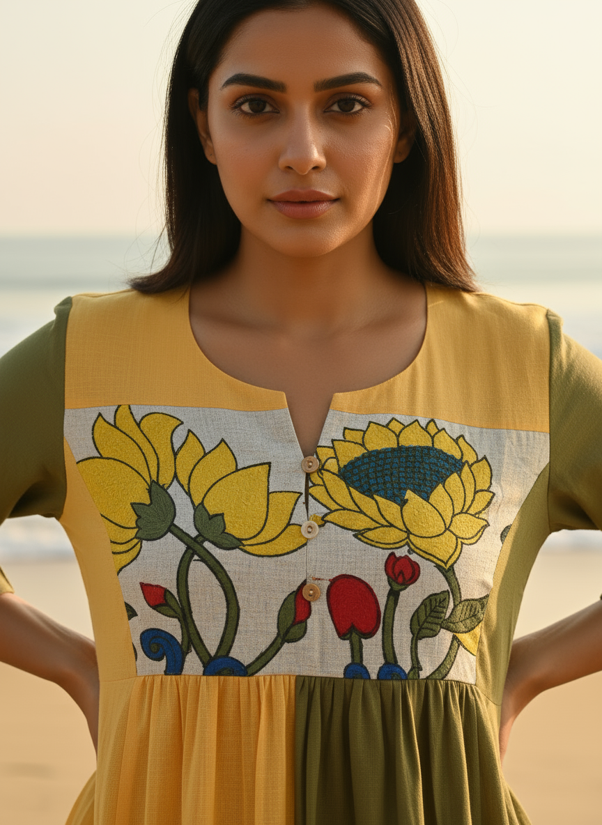 Ombré Cotton Dress with Hand-Painted Kalamkari Yoke