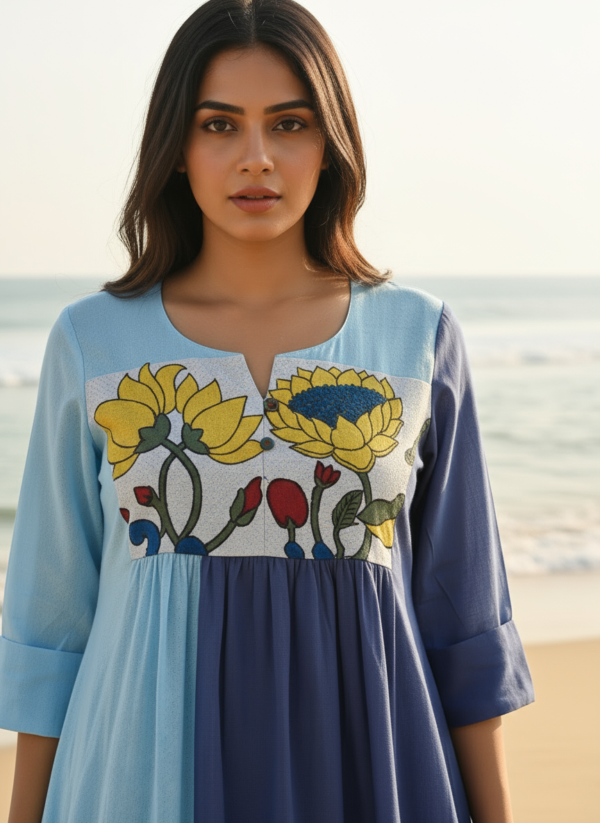 Ombré Cotton Dress with Hand-Painted Kalamkari Yoke