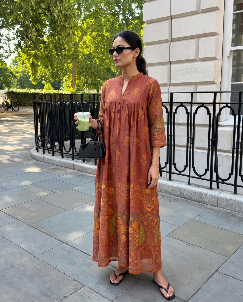 Terracotta Handblock Printed Cotton Dress with Gathered Yoke and Mandarin Neckline