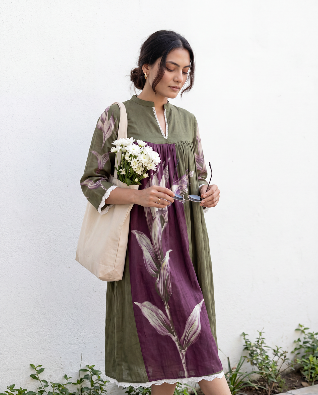 Olive Green Botanical Printed Cotton Dress with Gathered Yoke and Lace Trim Details