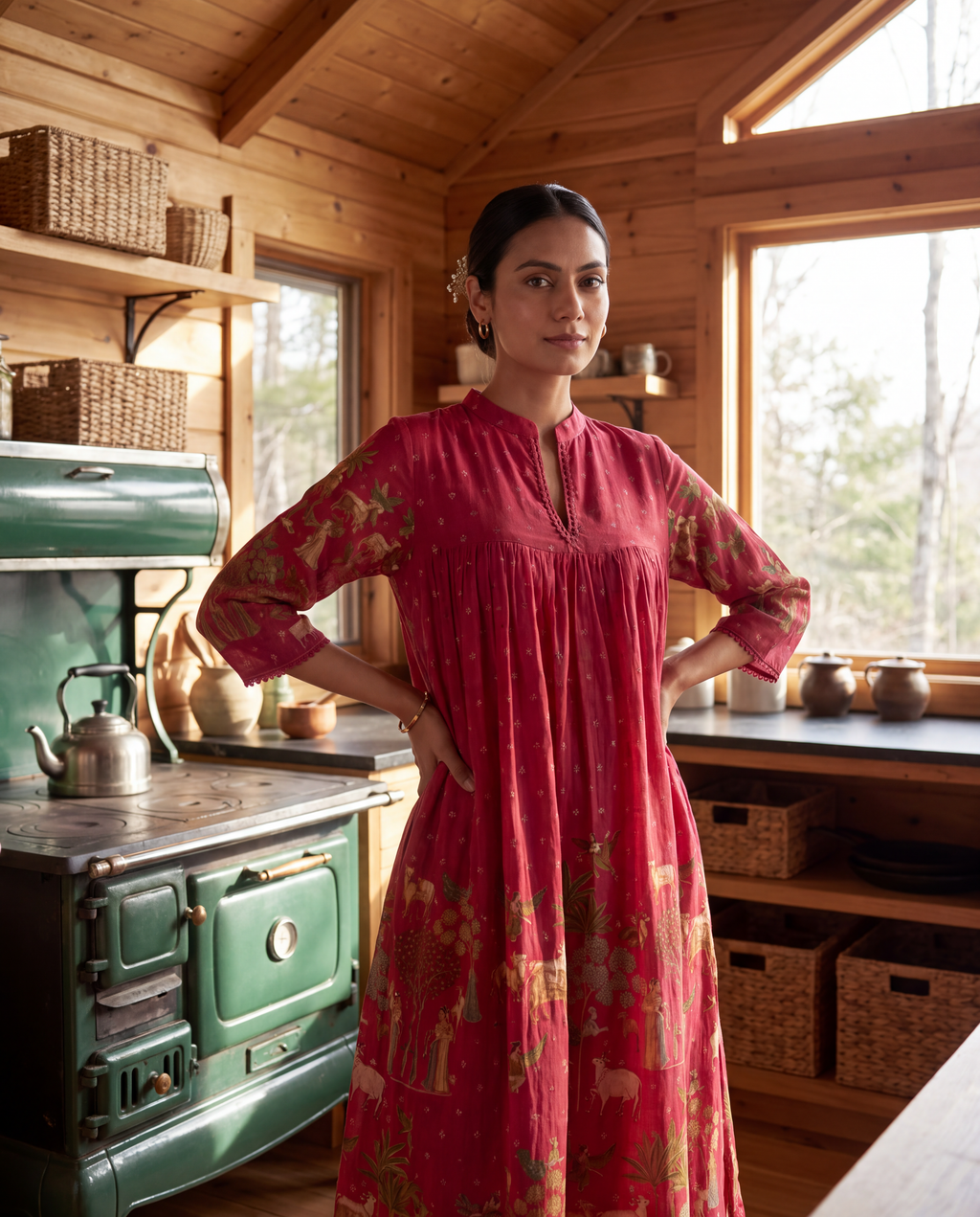 Raspberry Pink Heritage Printed Cotton Dress with Gathered Yoke and Lace Accents