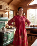 Raspberry Pink Heritage Printed Cotton Dress with Gathered Yoke and Lace Accents