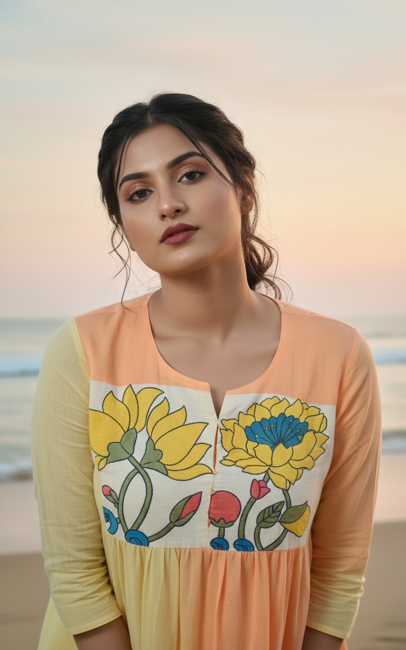 Ombré Cotton Dress with Hand-Painted Kalamkari Yoke