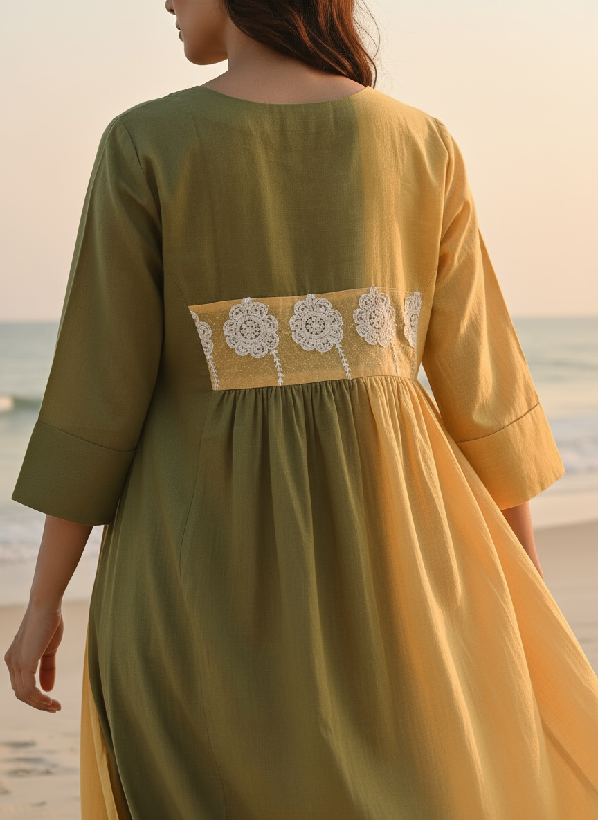 Ombré Cotton Dress with Hand-Painted Kalamkari Yoke