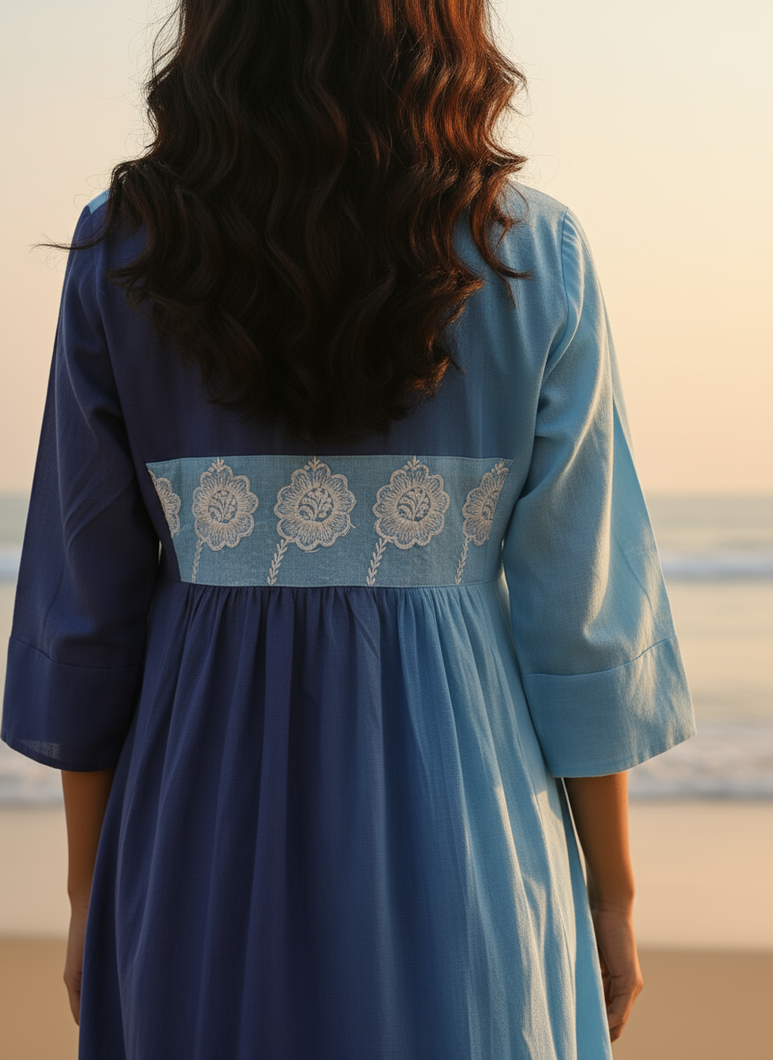 Ombré Cotton Dress with Hand-Painted Kalamkari Yoke