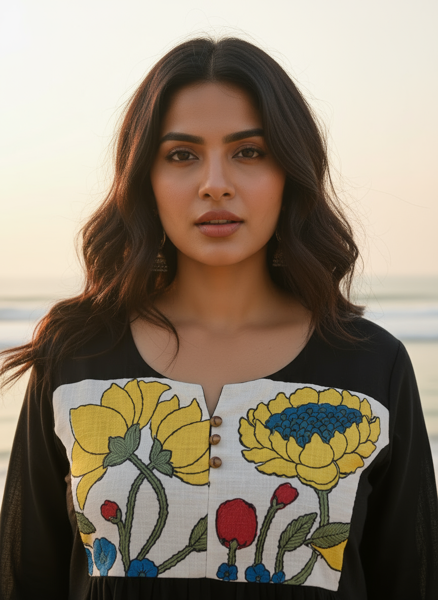 Cotton Dress with Hand-Painted Kalamkari Yoke